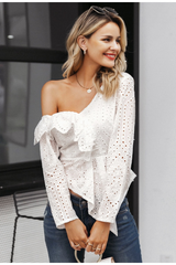 White and Pink Cotton Lace Blouse for Women