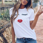 Eye Lashes / Red Lips Printed Women's Summer White T-Shirt