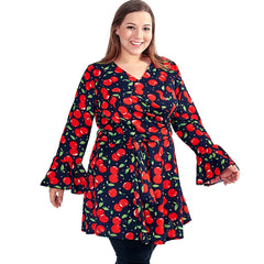 Women's Casual Long Blouse with Cherry Print