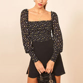 Casual Floral Printed Ruffled Square Collar Shirt