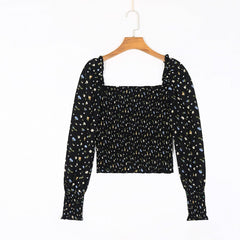 Casual Floral Printed Ruffled Square Collar Shirt