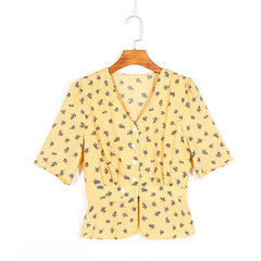 Women's Casual Floral Printed V-Neck Short Sleeved Shirt