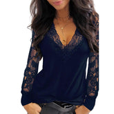 Women's Lace Deep V Neck Long Sleeved Shirt