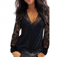 Women's Lace Deep V Neck Long Sleeved Shirt