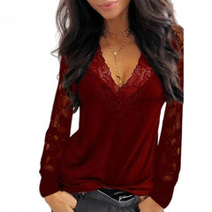 Women's Lace Deep V Neck Long Sleeved Shirt