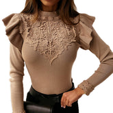 Women's Long Sleeved Ruffled Lace Patchwork Blouse