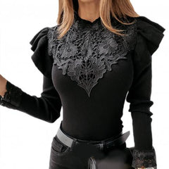 Women's Long Sleeved Ruffled Lace Patchwork Blouse