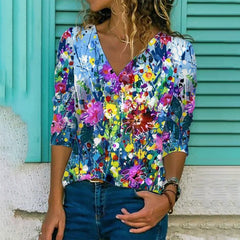 Women's Flower Printed V-Neck Blouse