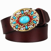 Women's Genuine Leather Belt with Mosaic Turquoise Buckle