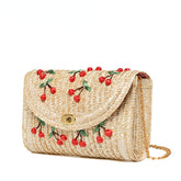 Women's Cherry Embroidered Straw Shoulder Bag