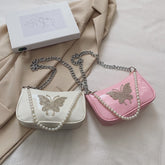 Women's Butterfly Mini Hobo Bag with Metal / Pearl Mini Strap