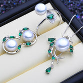 Green Stones 925 Silver Pearls Women's Jewelry 4 pcs Set