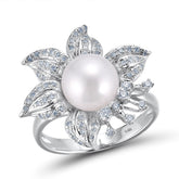 Genuine 14K 585 White Gold Elegant Fresh Water Pearl Ring for Women