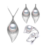Leaves Shaped 925 Silver Pearls Women's Jewelry 4 pcs Set