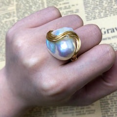 Baroque Handmade Natural Freshwater White Pearl Ring for Women