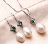 Women's Green Stones 925 Silver Pearls Jewelry 3 pcs Set