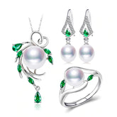 925 Silver Pearls Women's Jewelry with Emerald 4 pcs Set