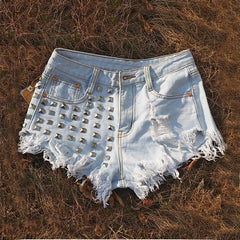 Rivet Ripped High Waist Shorts