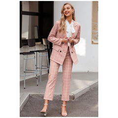 Pink Plaid Double Breasted Blazer with Pants Suit for Women