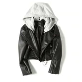 Black Women's Leather Jacket with Hood
