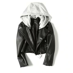 Black Women's Leather Jacket with Hood