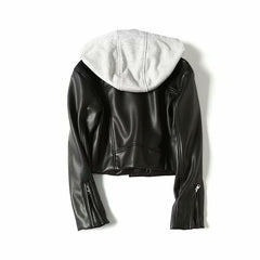 Black Women's Leather Jacket with Hood