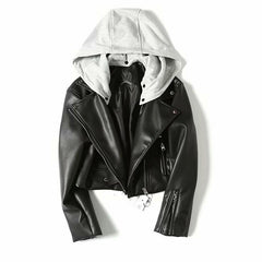 Black Women's Leather Jacket with Hood