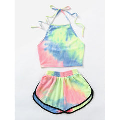 Women's Tie-Dye Gradient Halter Crop Top and Shorts Set
