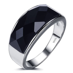 Men's Stylish Silver Ring with Large Black Crystal