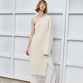 Long Sleeve Knitted One Shoulder Sweater Dress