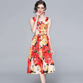 Women's Spaghetti Strap Backless Midi Dress with Floral Print