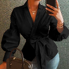Women's Belted Loose V-Neck Blouse with Lantern Sleeves