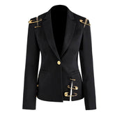 Stylish Black Women's Blazer with Gold Detailing