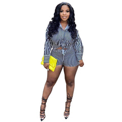 Women's Striped Long Sleeve Shirt and Shorts Set
