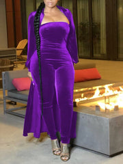 Women's Velvet Jumpsuit and Cardigan Set