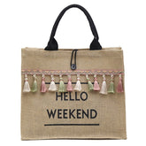 Women's Linen Hello Weekend Tassel Tote Bag
