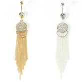 Luxurious Steel Tassel Belly Button Ring with Rhinestone Round Pendant