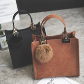 Women's Suede Leather Handbag with Fur Ball
