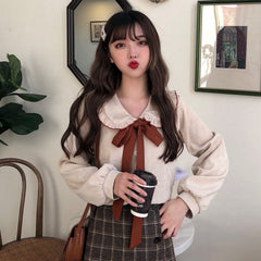 Women's Bow Flannel Blouse with Ruffled Collar