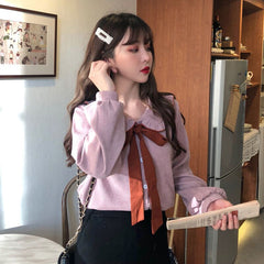 Women's Bow Flannel Blouse with Ruffled Collar