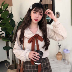 Women's Bow Flannel Blouse with Ruffled Collar