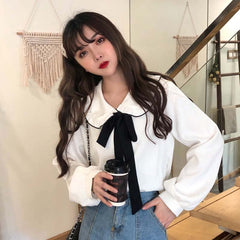 Women's Bow Flannel Blouse with Ruffled Collar
