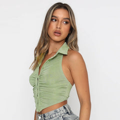 Women's Turn Down Collar Backless Black Crop Top