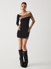 Two Tone Asymmetric Sleeve Short Sweater Dress
