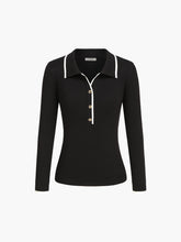 Contrast Trim Open Collar Long Sleeve Knit Top