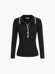 Contrast Trim Open Collar Long Sleeve Knit Top
