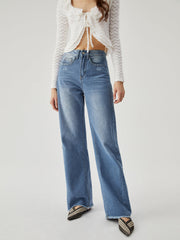 Middle Waist Denim Washed Pocket Jeans