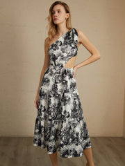 Asymmetric Cutout Floral Print Midi Dress