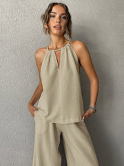Pure Cotton Cutout Tank Top With Wide Leg Pants Set