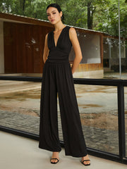 V Neck Sleeveless Wide Leg Stretch Jumpsuit